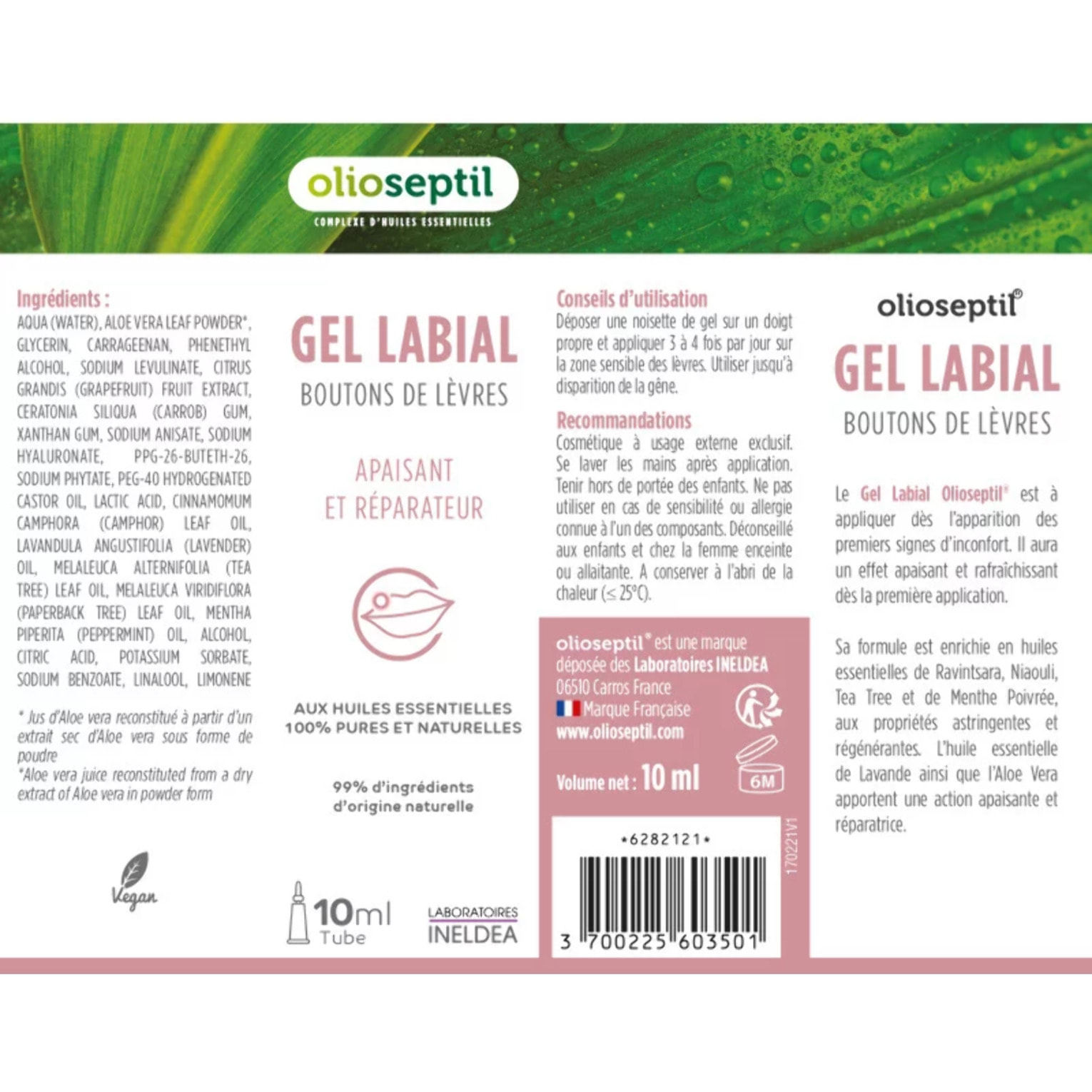 OLIOSEPTIL - Gel labial - Aux huiles essentielles 100% pures et naturelles - Apaisant et réparateur - Vegan - Tube 10ml