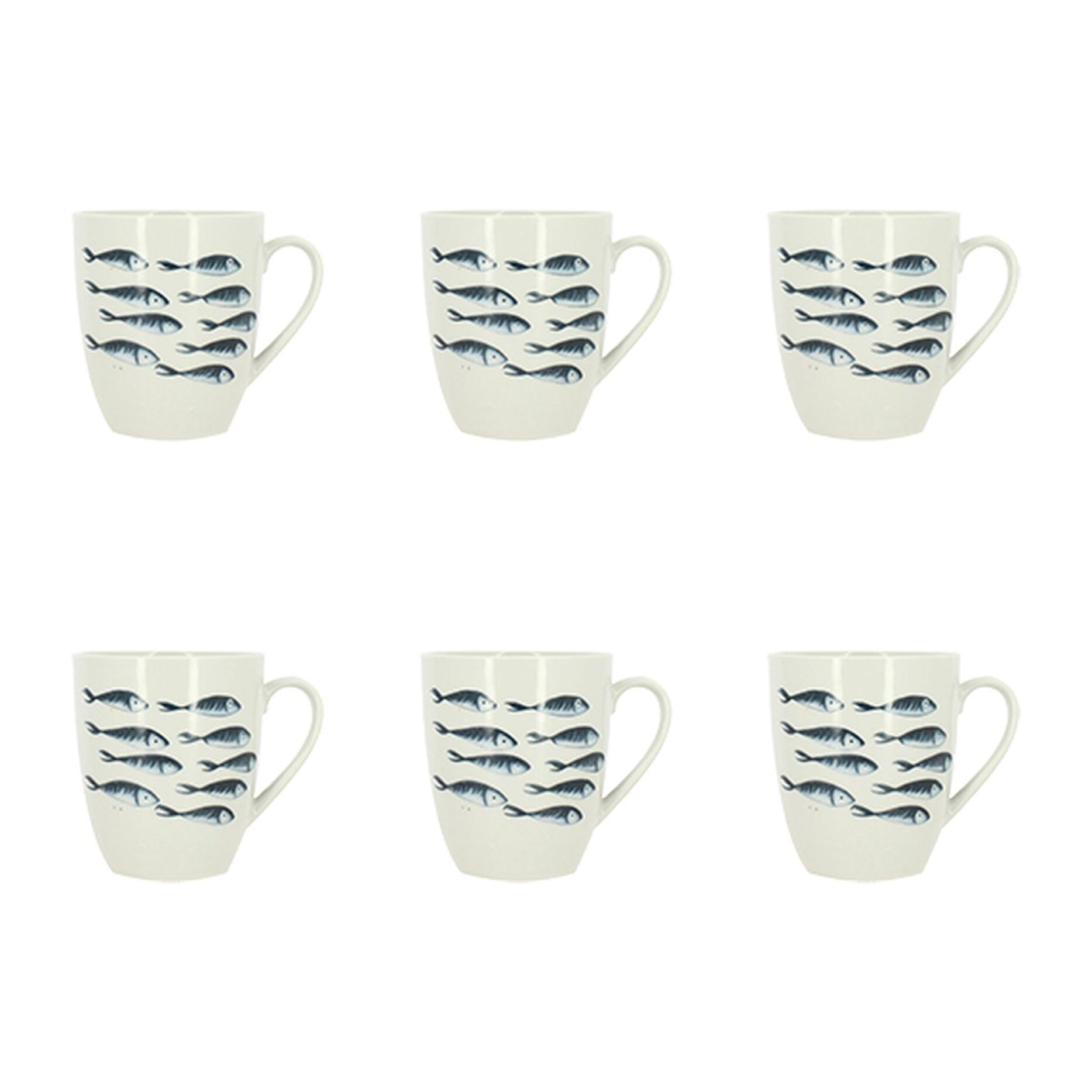Lot de 6 mugs 36cl en porcelaine blanc et motif poisson PESCARE