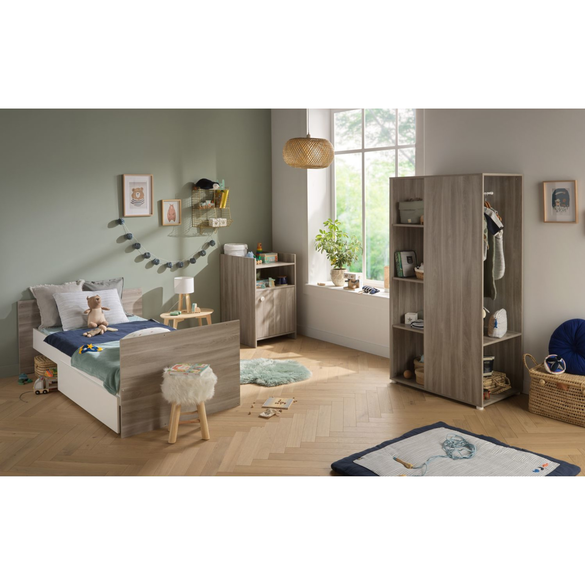 Lit bébé combiné 120x60 évolutif en 90x190 en décor bois avec commode à langer 1 porte