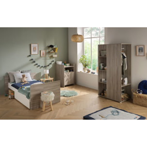 Lit bébé combiné 120x60 évolutif en 90x190 en décor bois avec commode à langer 1 porte