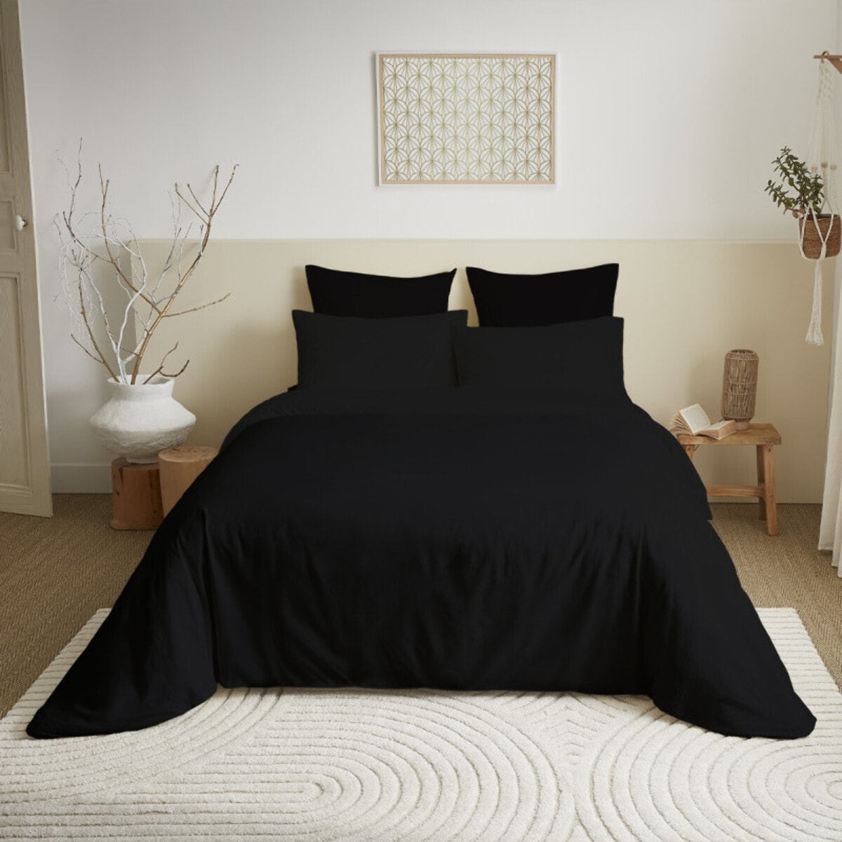 Pack complet 6 pièces unicolore Noir housse de couette pour lit 160 x 200 cm