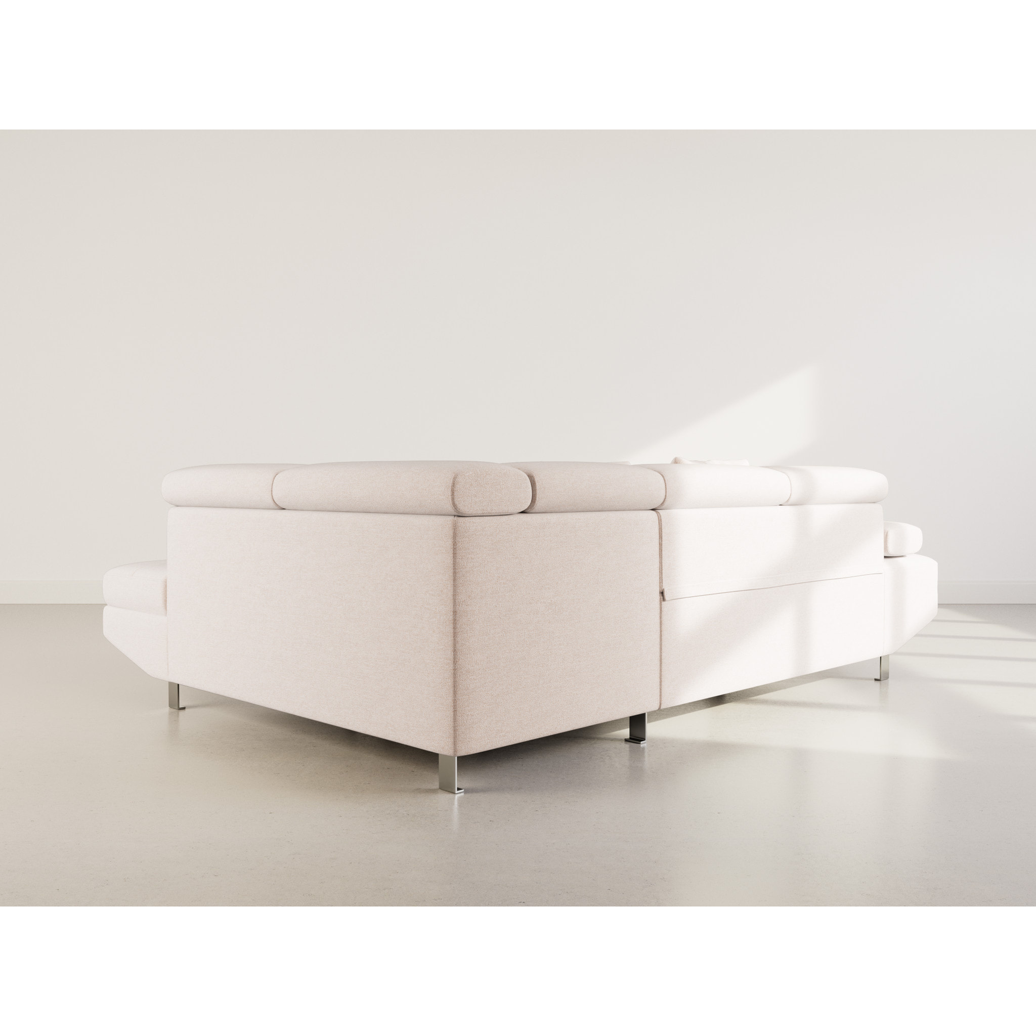 Margaux - Canapé d'angle droit 5 places convertible avec coffre et têtières réglables en velours texturé - Beige