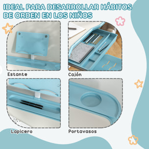 Juego de Escritorio y Silla para Niños de 6-12 Años Pupitre Infantil Altura Ajustable con 1 Cajón 1 Estante para Libros y Ángulo de Mesa Ajustable 80x49,5x82-104 cm Azul y Blanco