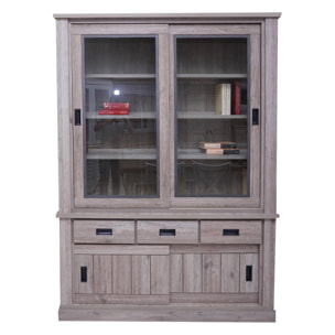 Credenza con vetrina e base a due ante e tre cassetti, colore marrone, cm 150 x 203 x 40.