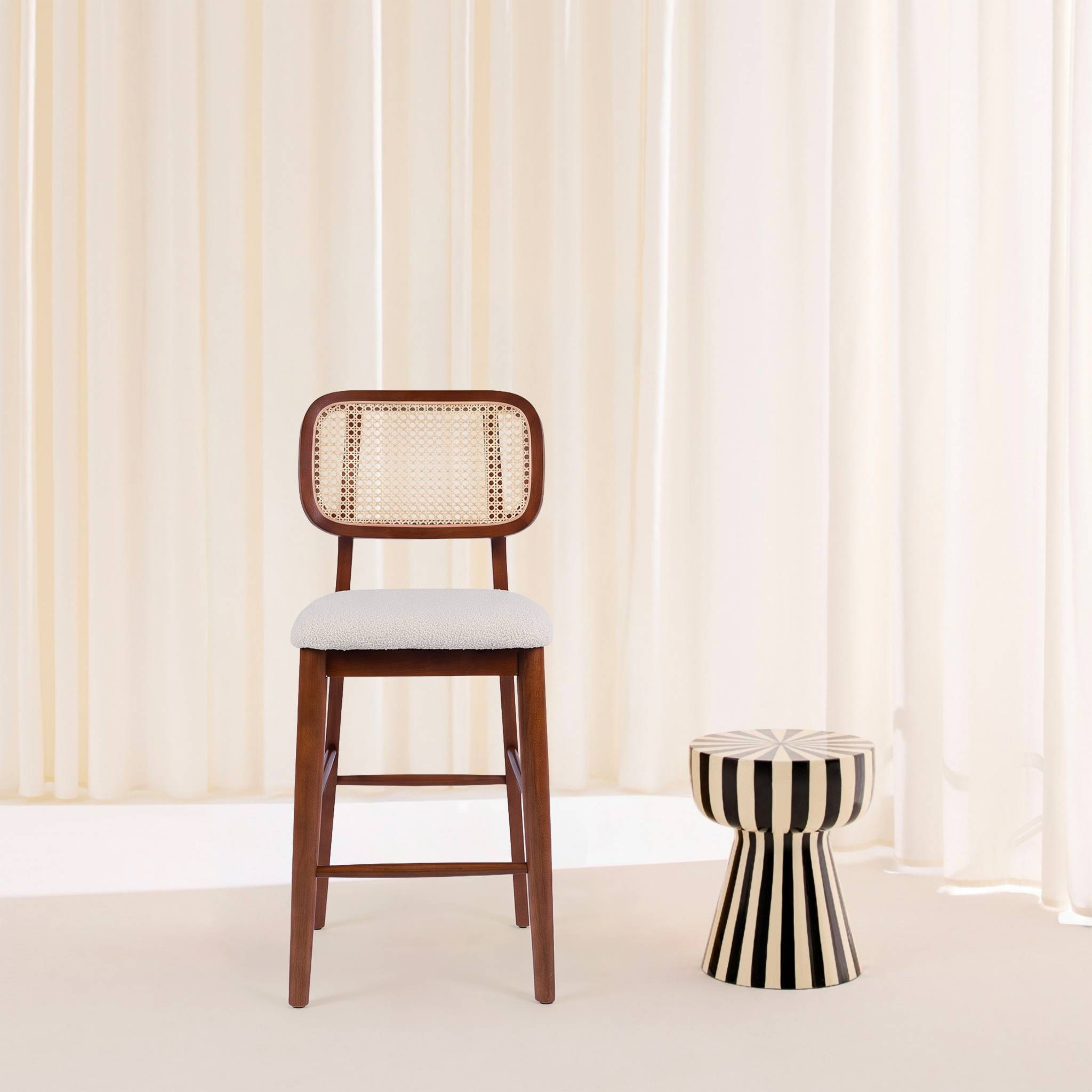 Tabouret de bar bois d'hévéa cannage et bouclette 66,5cm (lot de 2) MANI
