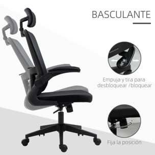 Vinsetto Silla de Oficina de Malla Ergonómica Silla Escritorio Giratoria con Altura Ajustable Reposabrazos Plegable Reposacabezas y Soporte Lumbar Regulables 65x64x114-122 cm Negro