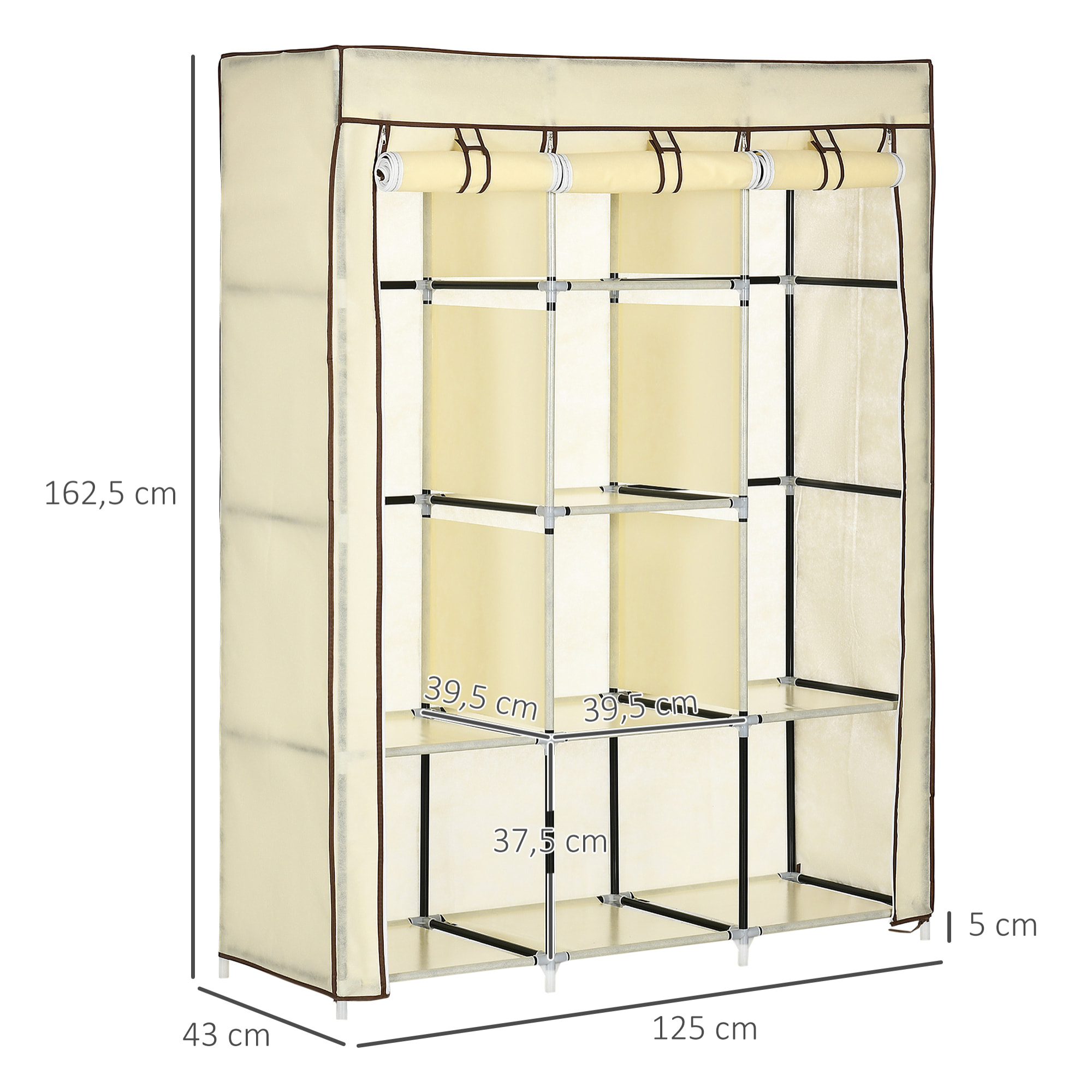 HOMCOM Armario de Tela Plegable Armario Portátil con 8 Estantes de Almacenaje y 2 Barras para Colgar Organizador de Ropa para Dormitorio Vestidor 125x43x162,5 cm Crema