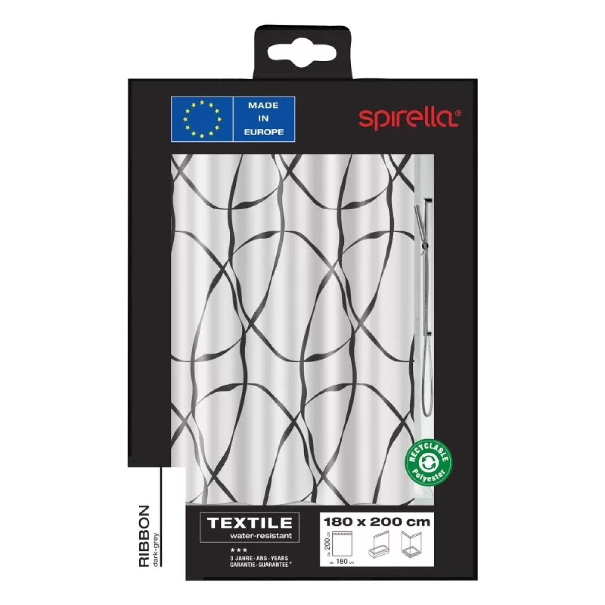 Rideau de douche Polyester RIBBON Noir & Blanc Effet perlé Spirella