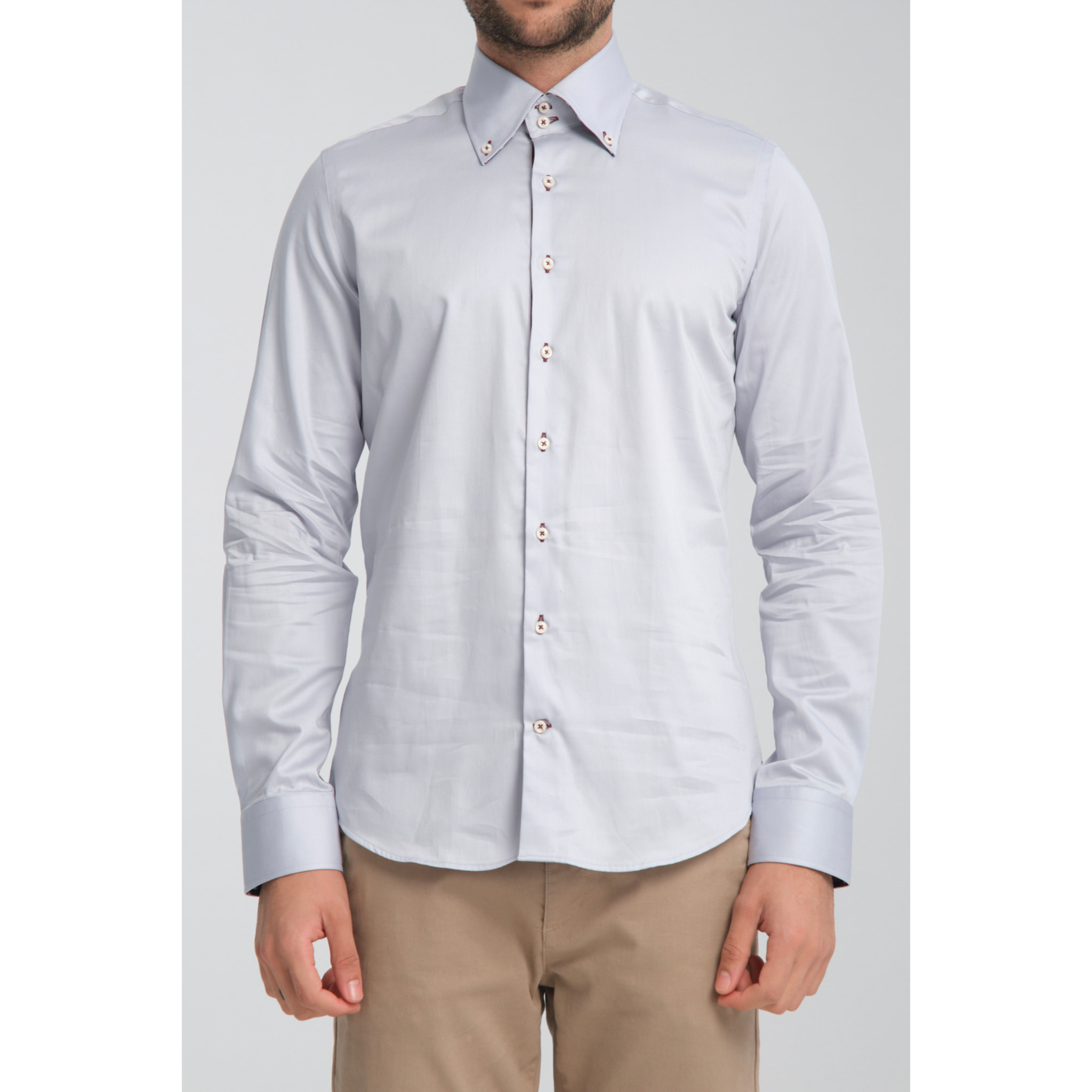 Camicia Uomo 2 Bottoni Button Down Slim Satin Unito Grigio