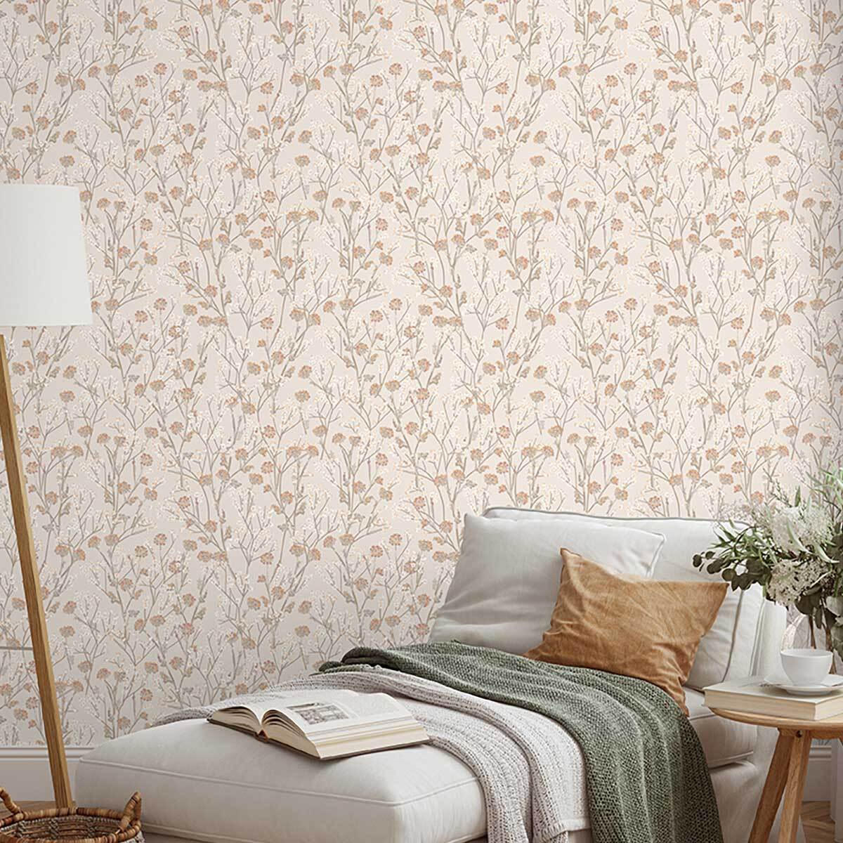 Papier peint fleurs sauvages beige lin délicat