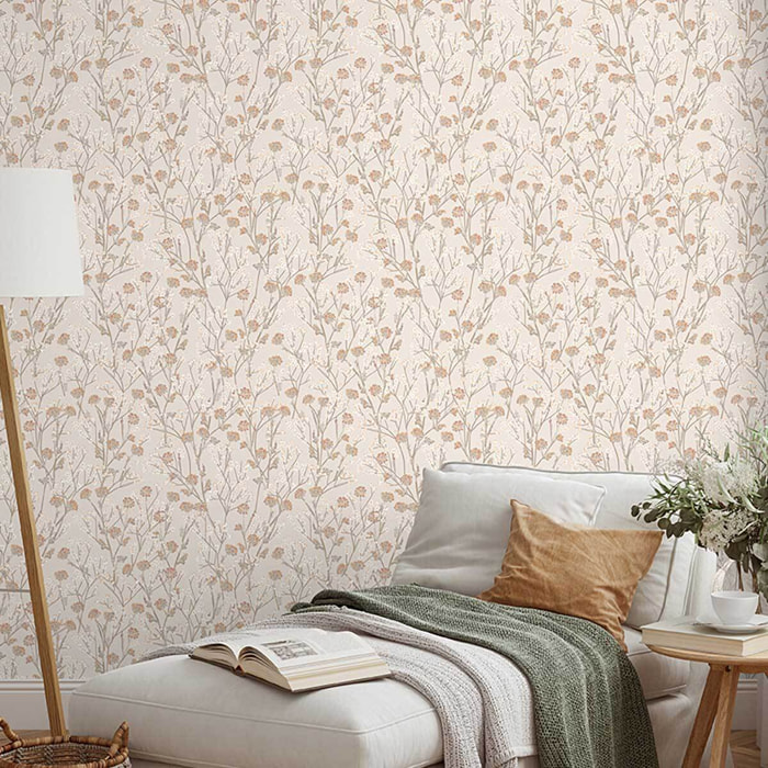 Papier peint fleurs sauvages beige lin délicat