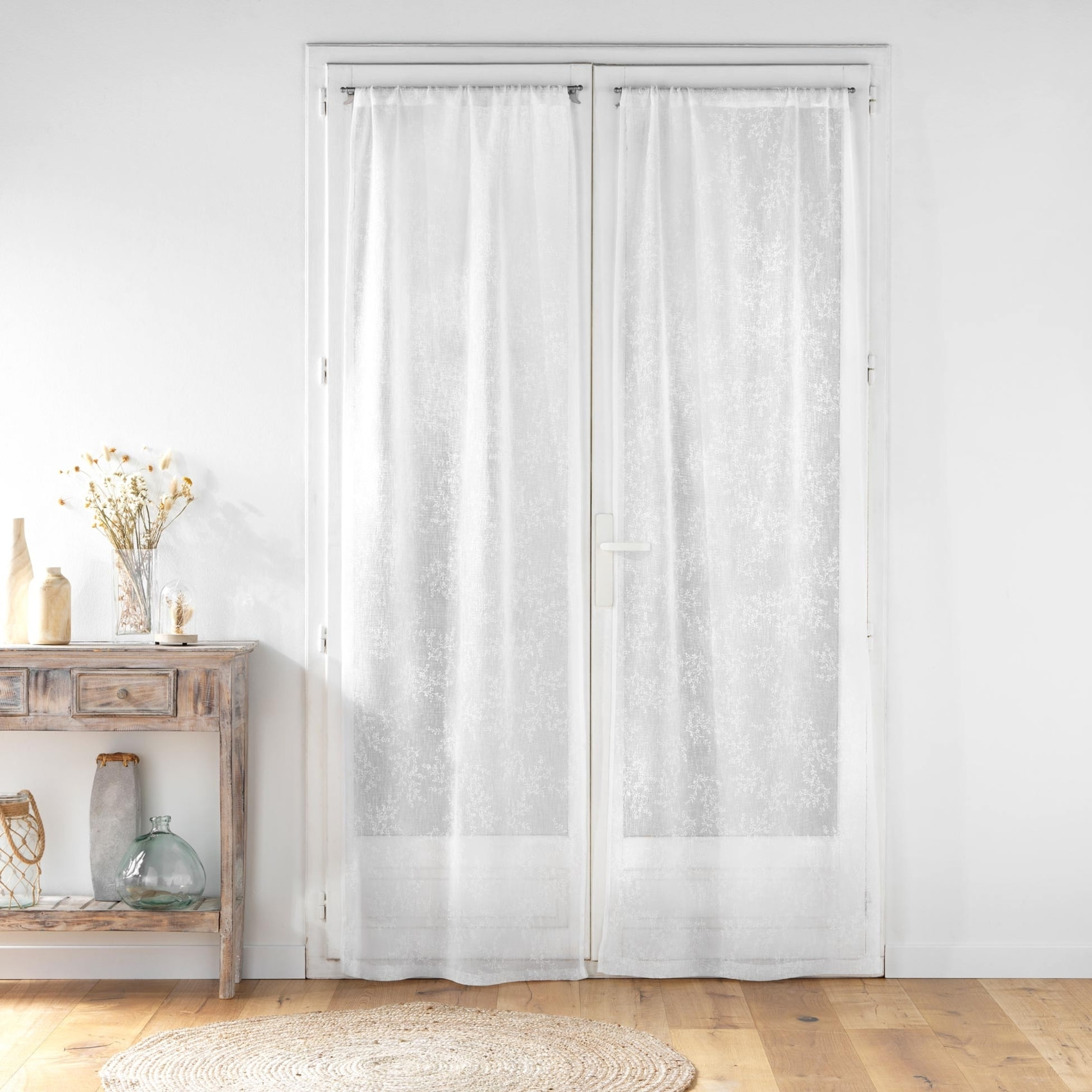 Paire de voilages passe-tringle en voile tissé motif feuillage - Blanc