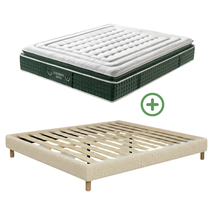 Ensemble matelas Jade & sommier Cancun | Mémoire de forme et ressorts ensachés | Cadre à lattes | Bouclette | Sable