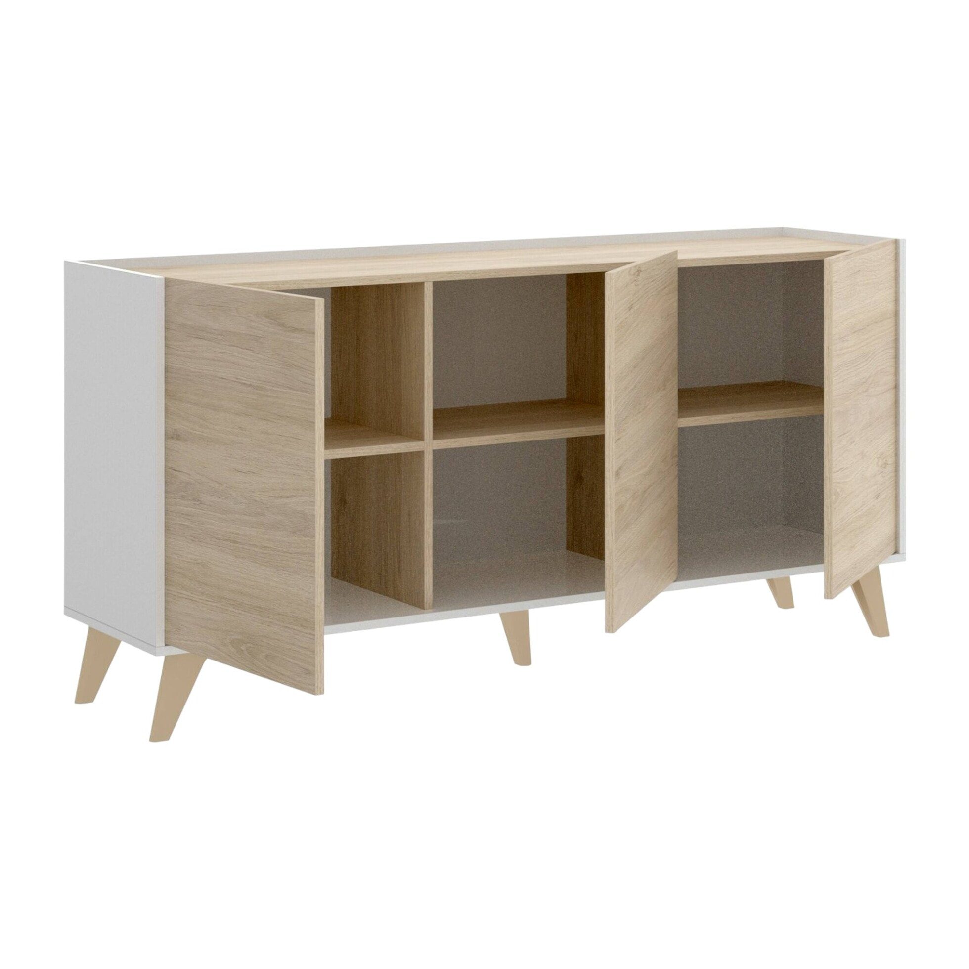 Credenza Avez, Buffet da soggiorno, Madia moderna da salotto a 3 ante, 155x43h75 cm, Rovere e Bianco