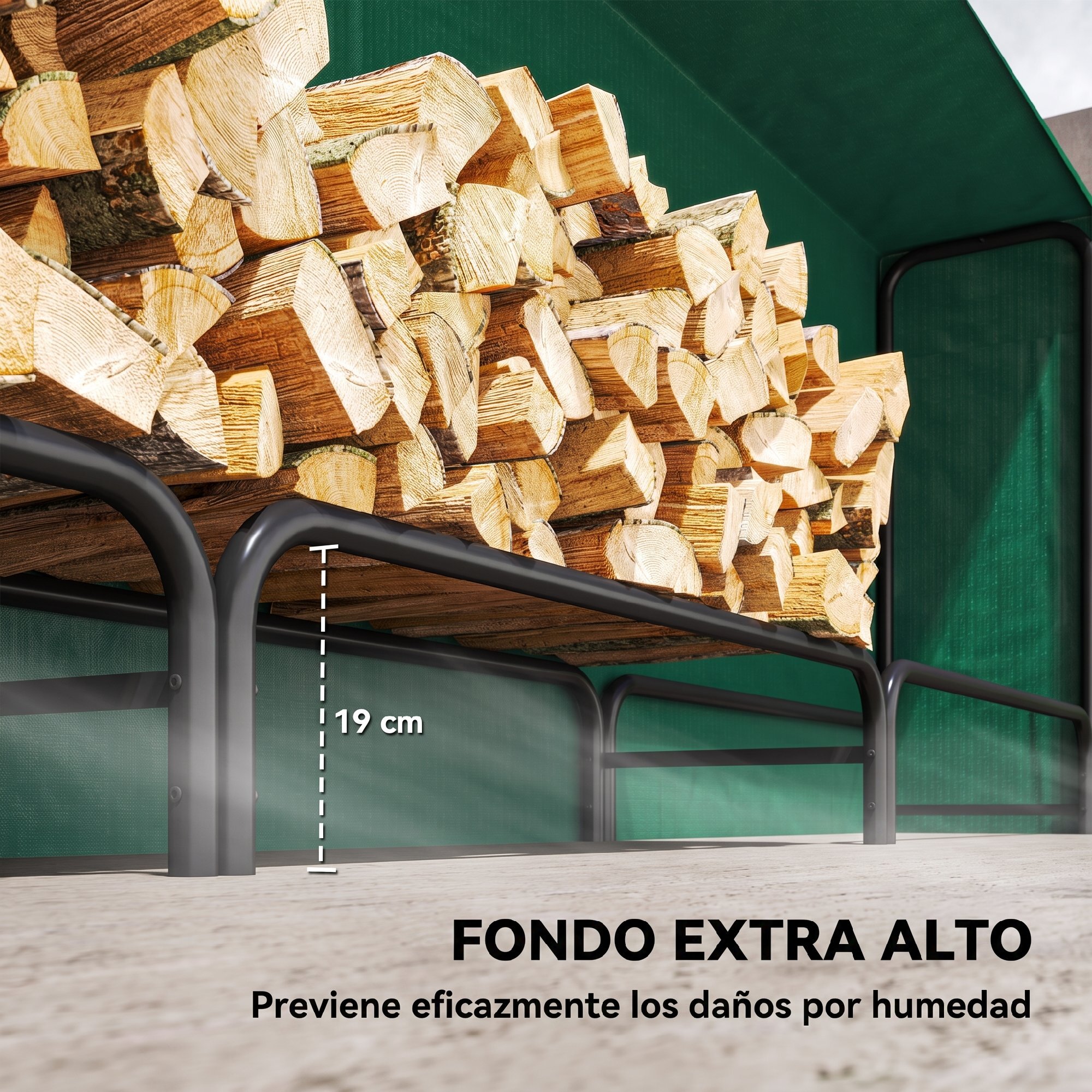 Outsunny Estante de Leña con Funda de PE, Leñero Exterior Metálico Robusto, Longitud Ajustable, Carga 300 kg, para Interior y Exterior, Jardín, Terraza, 300x36x99 cm, Verde y Negro