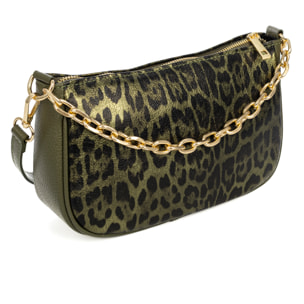 Avella bolso bandolera mujer, de piel auténtica Gamuza lacada con estampado de animal print leopardo, Dollaro.