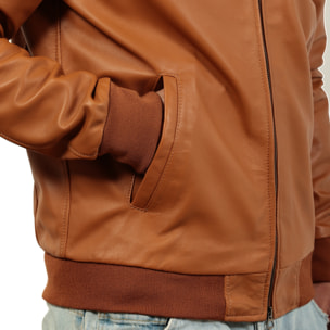 Giubbino in vera pelle di vitello color cuoio-Slim Fit