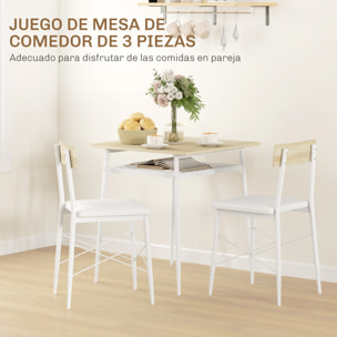 Conjunto de Mesa y Sillas de Comedor de 3 Piezas Mesa de Cocina con 2 Sillas sin Brazos Mesa Rectangular con Estante Abierto Estructura de Acero Blanco y Roble