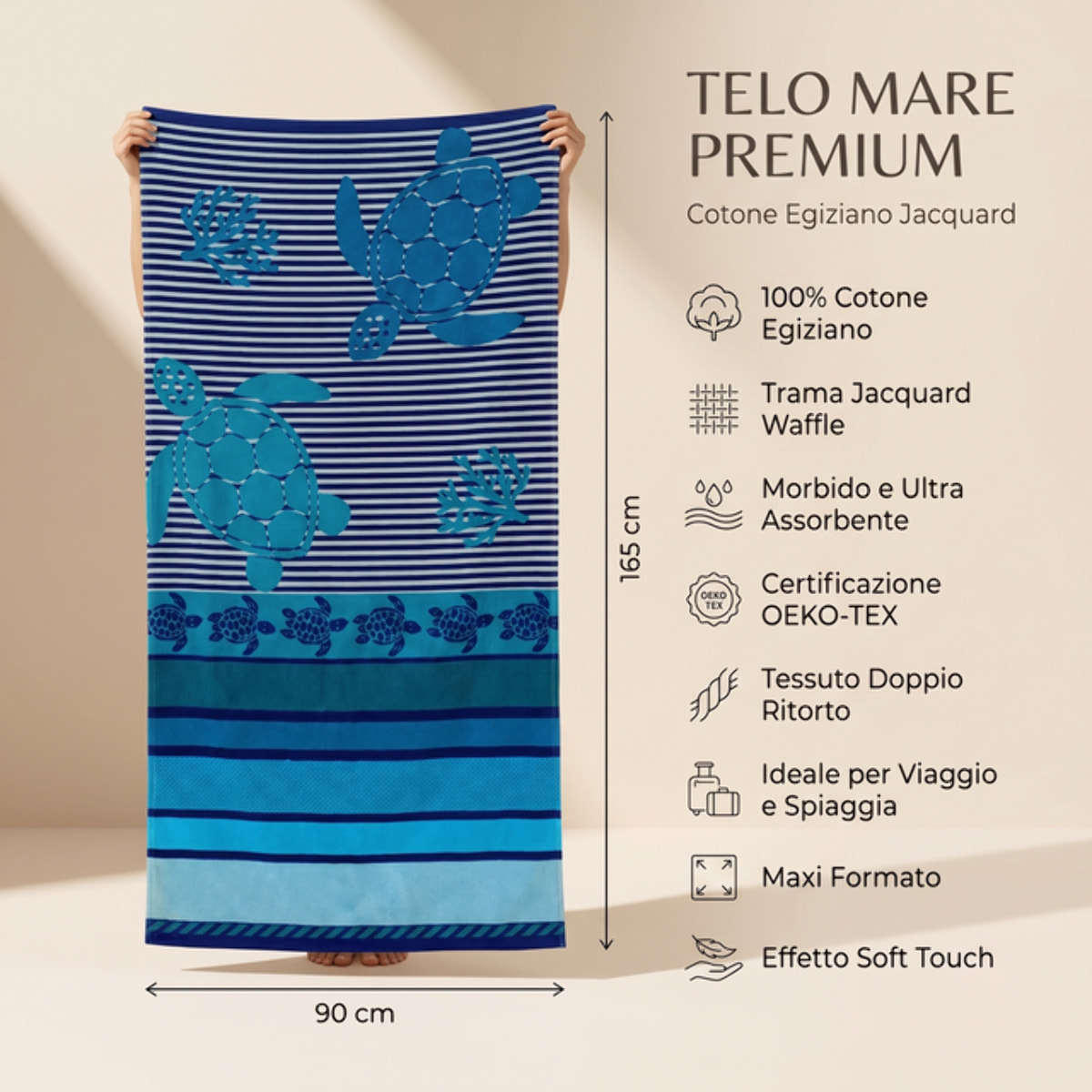 Telo mare in spugna jacquard, 90x165 cm, 100% cotone egiziano, super assorbente e ad asciugatura rapida, fantasia tartarughe intrecciata, morbido e resistente, certificato OEKO-TEX, ideale per spiaggia piscina e viaggio