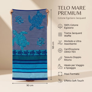 Telo mare in spugna jacquard, 90x165 cm, 100% cotone egiziano, super assorbente e ad asciugatura rapida, fantasia tartarughe intrecciata, morbido e resistente, certificato OEKO-TEX, ideale per spiaggia piscina e viaggio