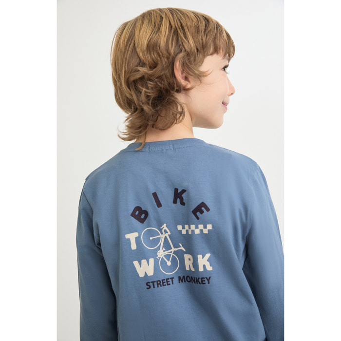Camiseta niño azul de manga larga, estampado de bicicleta en el pecho, tejido suave y cómodo | Color: Azul medio | Street Monkey