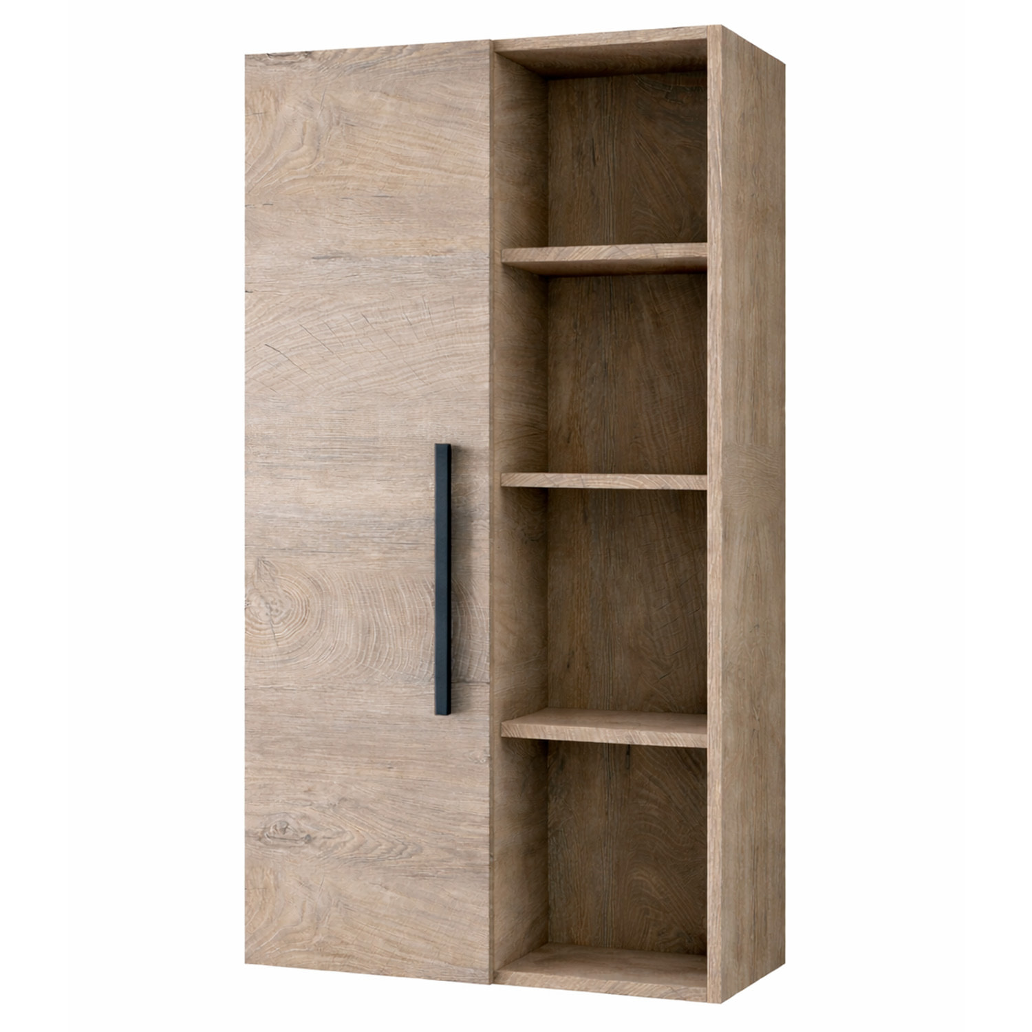 Colonna Sospesa Multiuso Con 1 Anta E 5 Vani A Giorno Mobile Armadietto Bagno Pensile Salvaspazio Chiusura Assistita 150 x 25.5 x 50 Cm Rovere Alaska