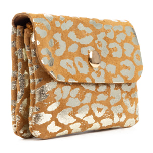 Alpignano portafoglio donna. Pelle scamosciata autentica, design in stampa animale leopardato, laccato lucido.