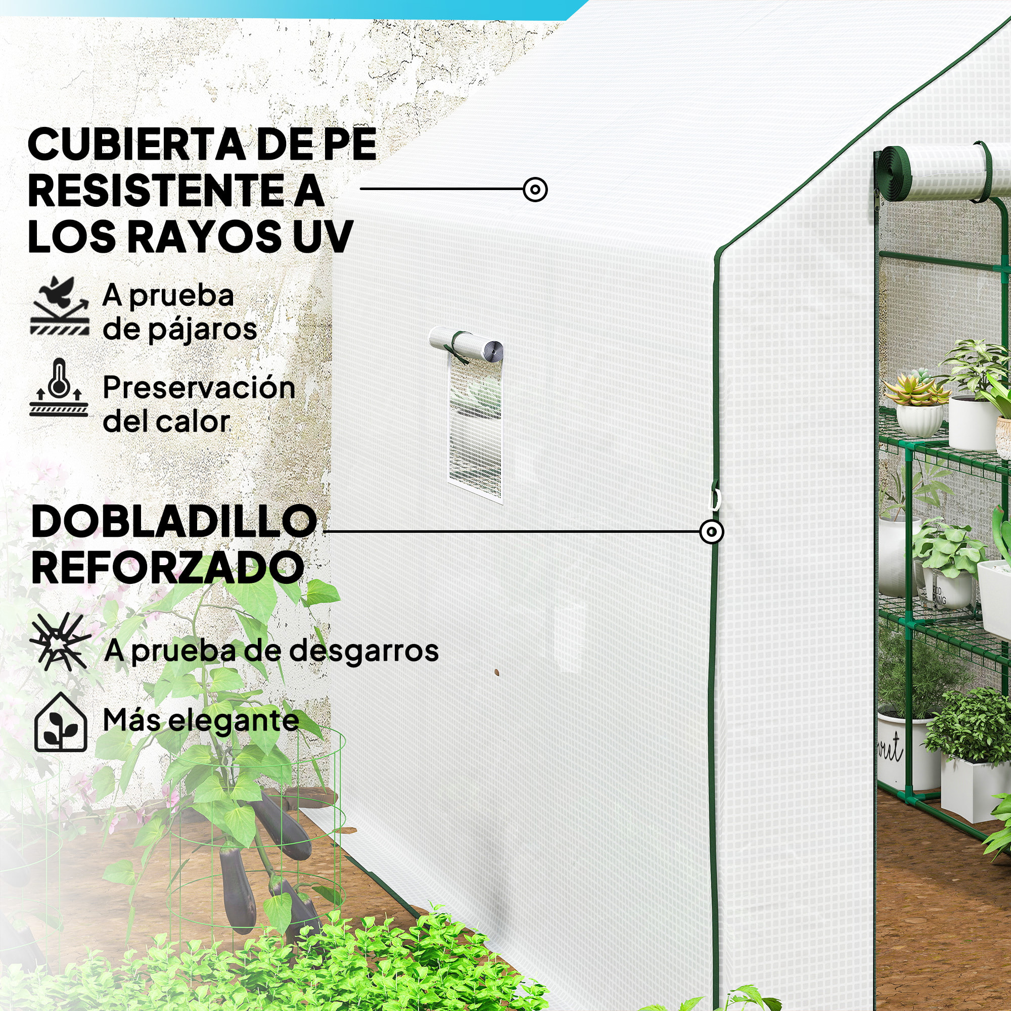 Invernadero de Jardín de 3 Niveles, Invernadero de Exterior con 12 Estantes, Puerta Enrollable, Ventanas, Anti-UV, Cubierta de PE 135g/m² para Cultivos, Plantas, Flores, 140x213x190 cm Blanco