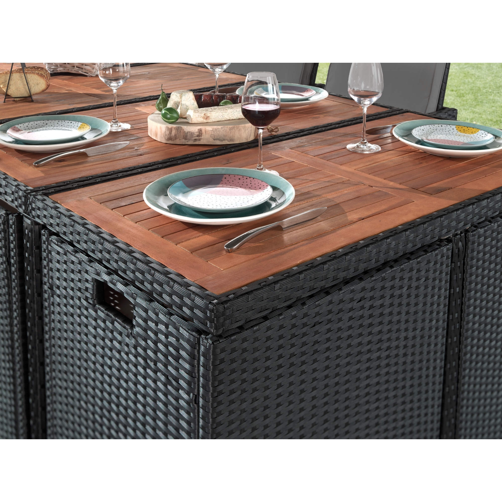 Cuba - Salon de jardin encastrable 12 places - en résine tressée - Noir avec coussins gris + housse de protection - Noir / Gris