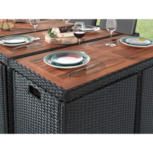 Cuba - Salon de jardin encastrable 12 places - en résine tressée - Noir avec coussins gris + housse de protection - Noir / Gris