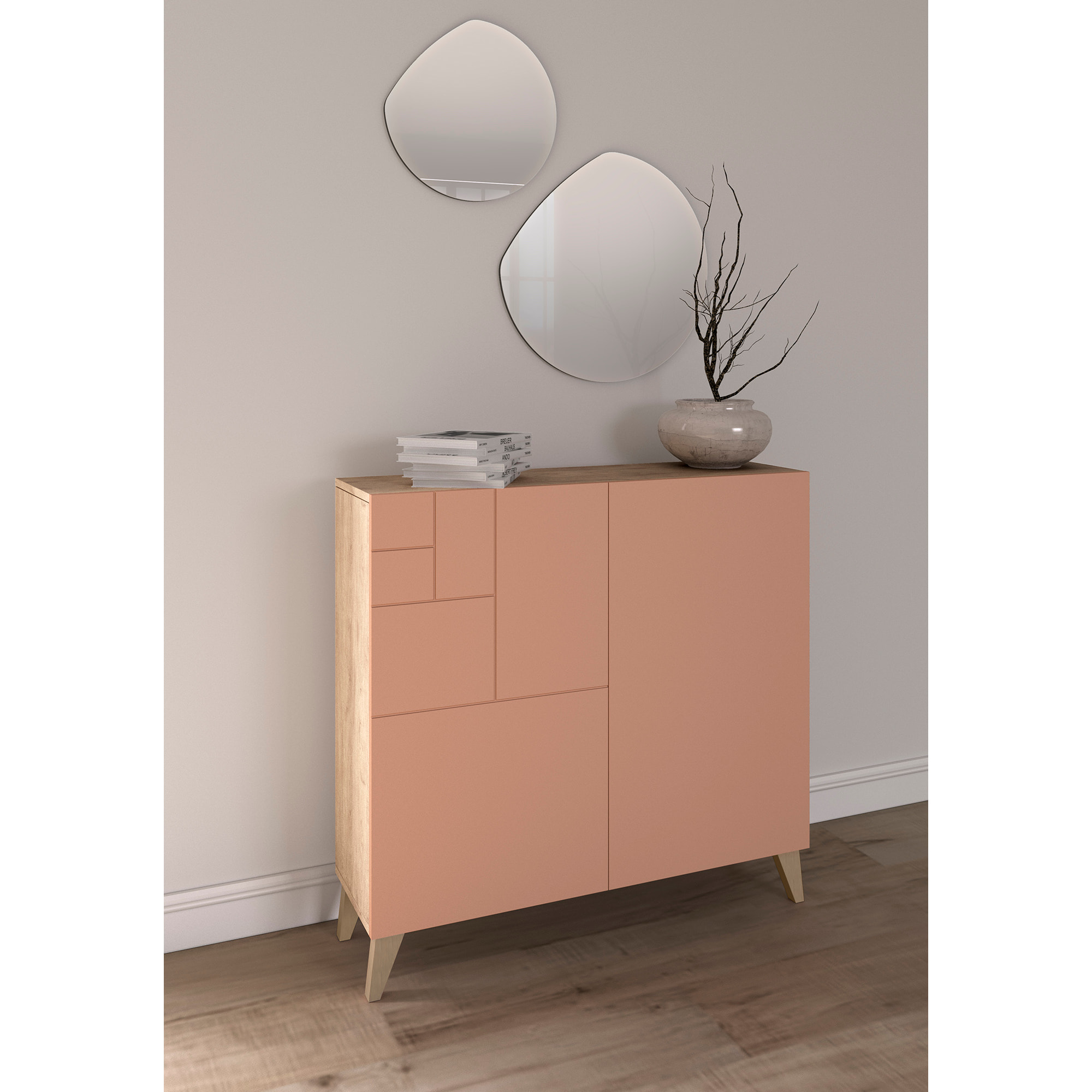 Zapatero Bergen melamina roble claro puertas rosa patas roble cl 87x90x27cm