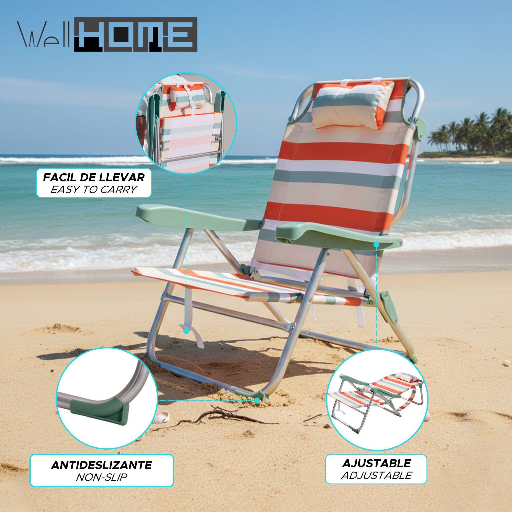Silla plegable reclinable con almohada 64x63x32/82cm aluminio anodizado, rayas rojas, tejido 600x300d hasta 110kg