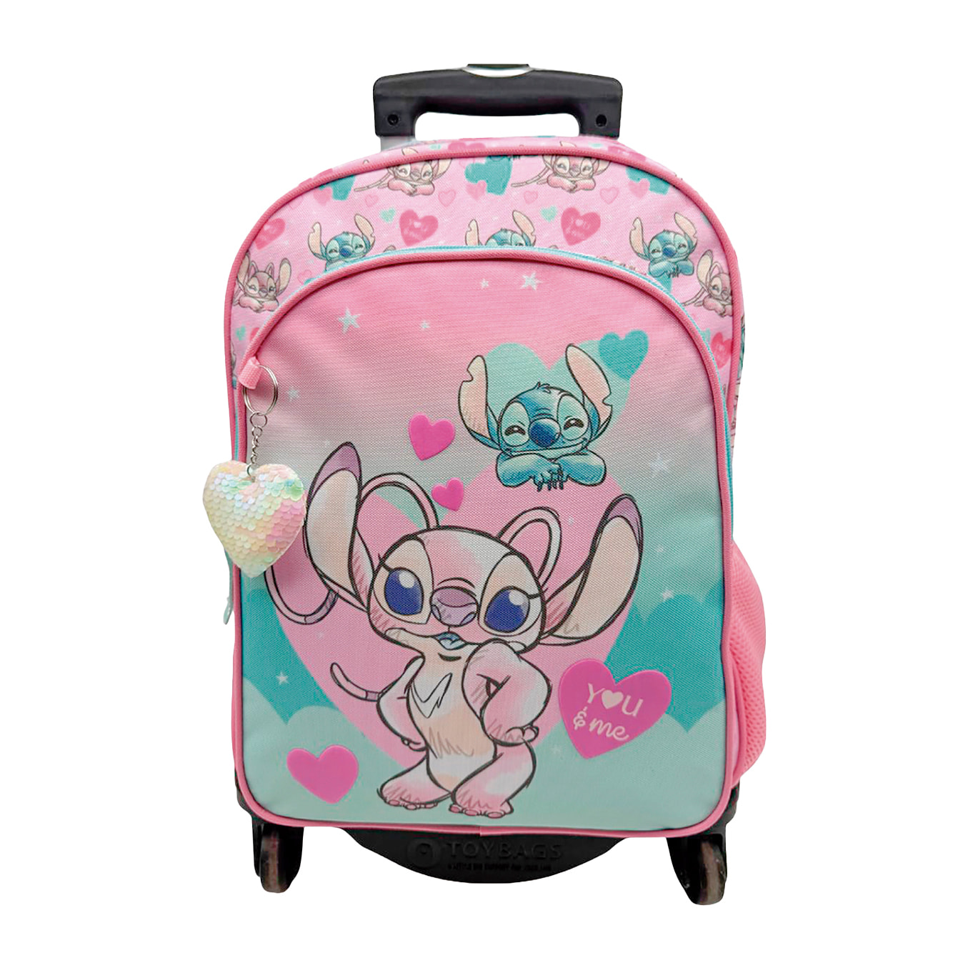Zaino Primaria Angel & Stitch doppio scomparto + carrello con protezione laterale e stoper frontale, 4 ruote multidirezionali. Con accessorio cuore.