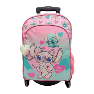 Zaino Primaria Angel & Stitch doppio scomparto + carrello con protezione laterale e stoper frontale, 4 ruote multidirezionali. Con accessorio cuore.