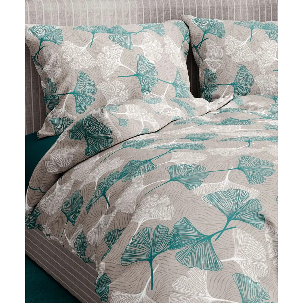 Parure Copripiumino Ginko Verde per letto singolo in 100% Cotone e Made in Italy, botanico felce
