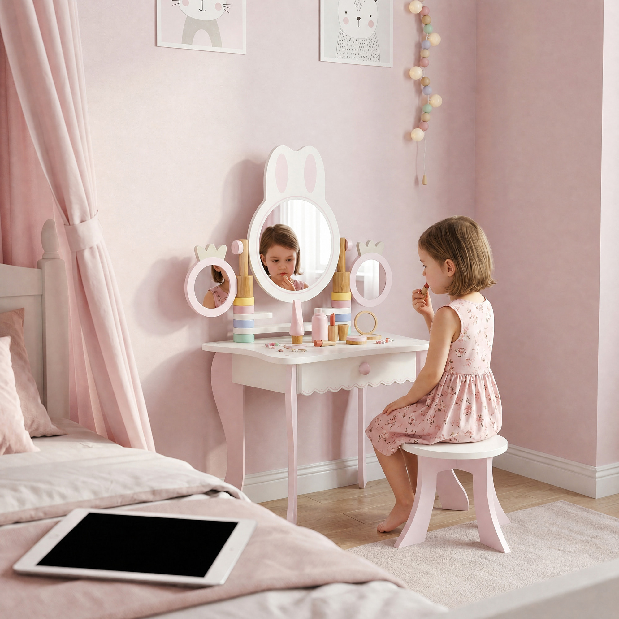 Tocador para Niñas, Tocador de Maquillaje Niñas con Taburete, Espejos Giratorios, Cajón, 6 Accesorios, Bandejas Laterales, Juguete para +3 Años, Rosa