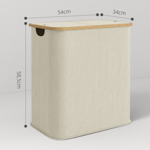 Panier à linge double pliable 80L - corbeille à linge sale avec couvercle et poignées - bambou non tissé beige