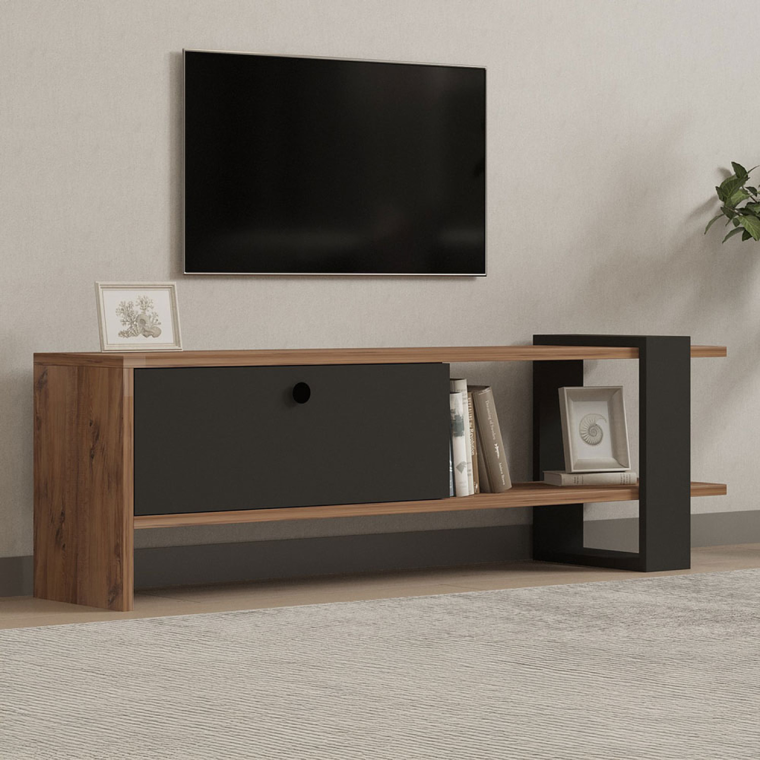 HERNDON Meuble TV asymétrique gris anthracite avec placard aspect bois 120cm