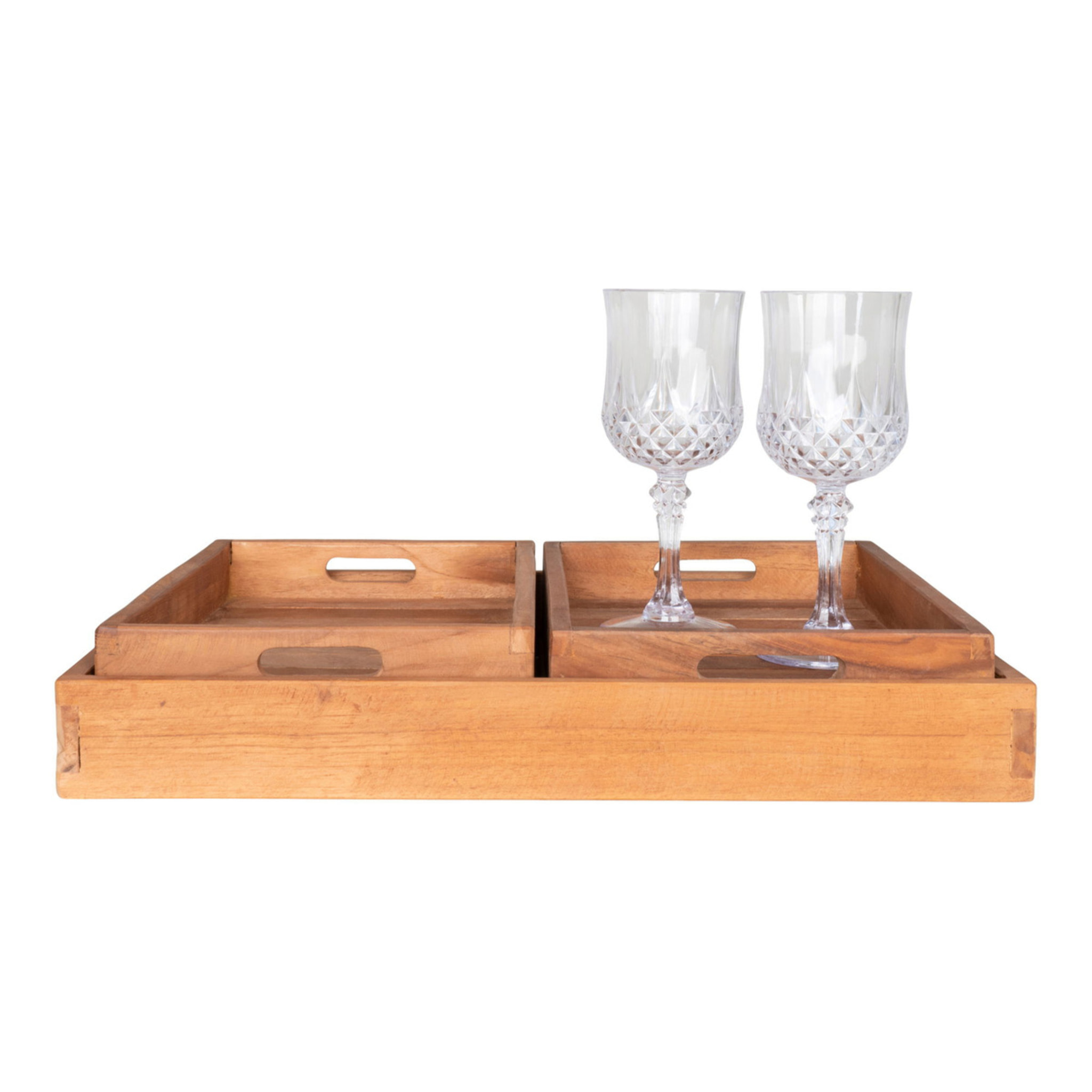 Set 3 vassoi in teak naturale Faro — misure graduate
