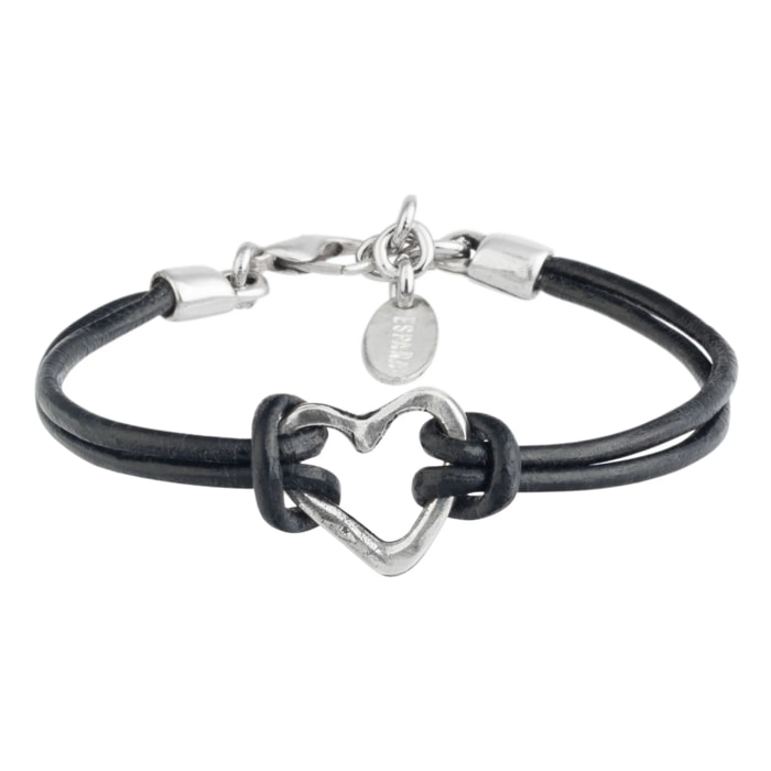 Pulsera Cuero y plata corazón Myheart plata negro