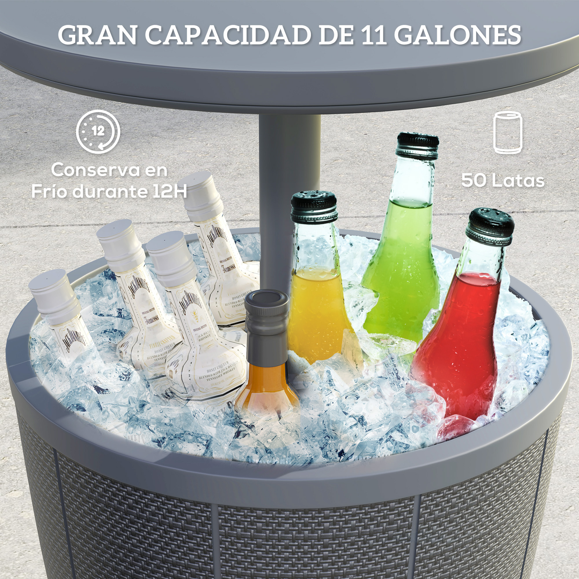 Mesa Nevera para Exterior 41 L 3 en 1 Cool Bar Mesa Auxiliar con Altura Ajustable 58-84 cm Cubo de Hielo Tapa Superior Elevable para Fiesta Piscina Jardín Patio Gris