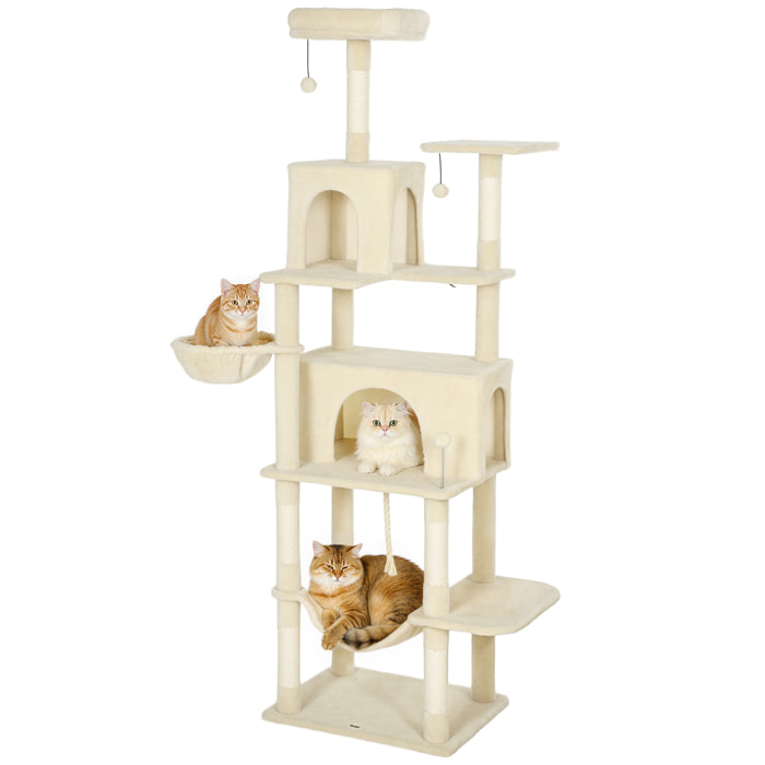 Árbol Rascador para Gatos, Árbol para Gatos 202 cm, Torre Escalador con Plataformas, Cama, Cuevas, Postes de Sisal, Bolas y Cuerda para Jugar, Beige
