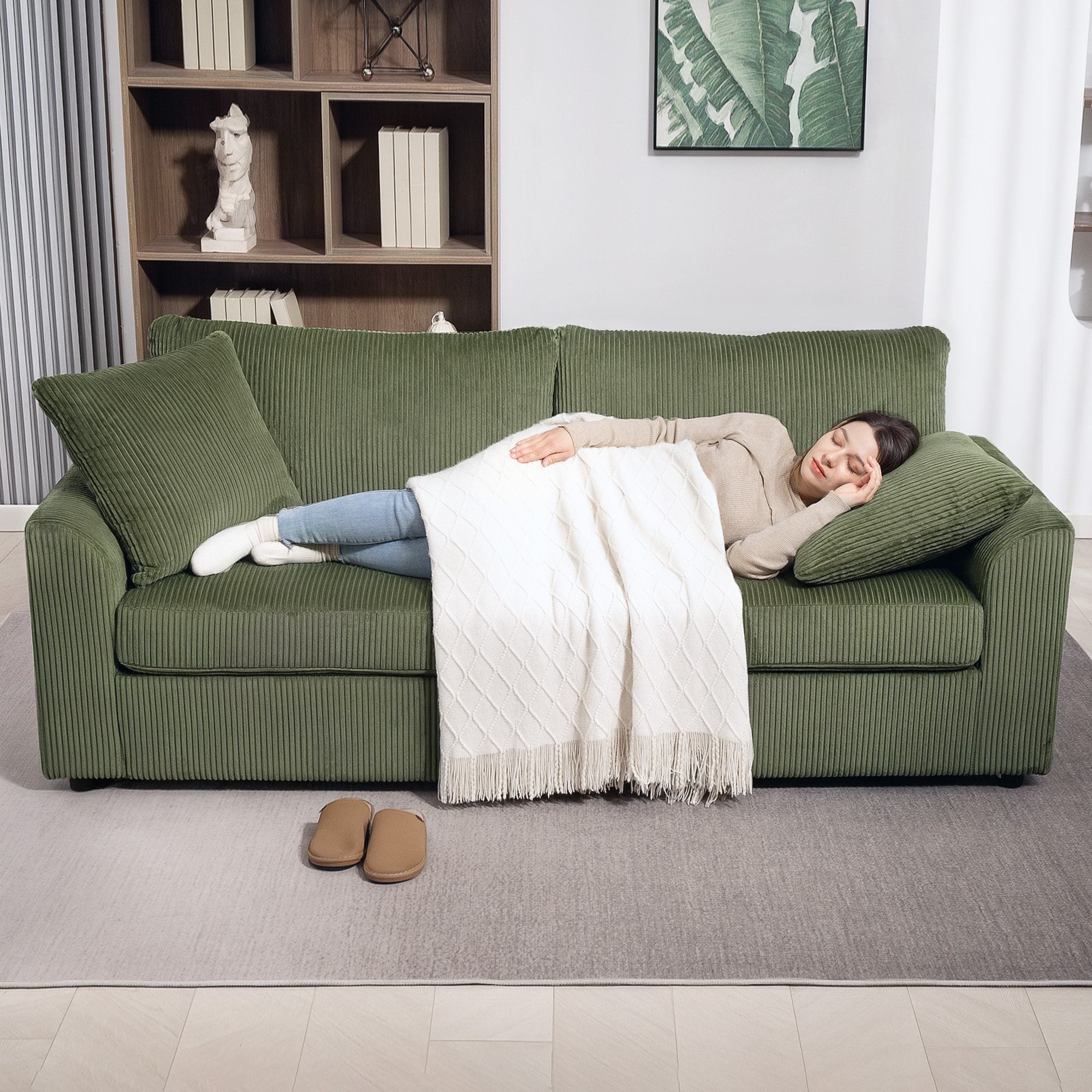 Sofá de 3 Plazas Sofá de Salón 212x80x88 cm Tapizado en Pana con 2 Almohadas Reposabrazos y Cojín de Muelles Diseño Moderno para Sala de Estar Dormitorio Verde