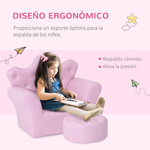 Sofá para Niños con Reposapiés Sillón Infantil Decorativo con Respaldo Alto en Forma de Corona y Reposabrazos Acolchado 58x40,5x49 cm Rosa