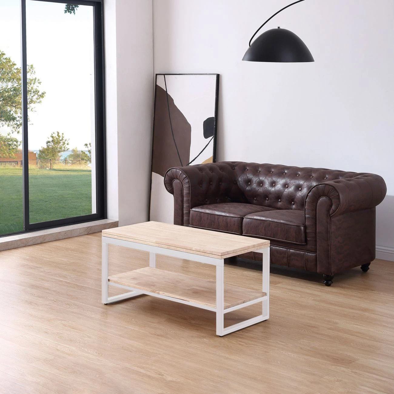 Mesa de centro elevable y extensible en blanco y roble 46-91x48,3-57,6 Rens Blanco - Roble