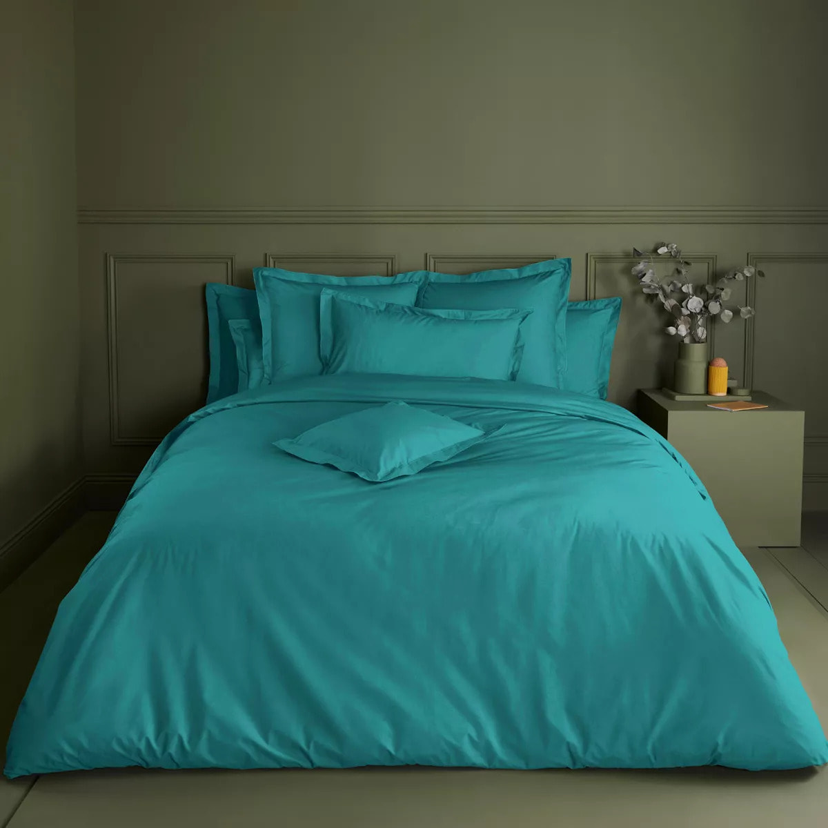 Drap housse b46 percale de coton uni vert Olana emeraude