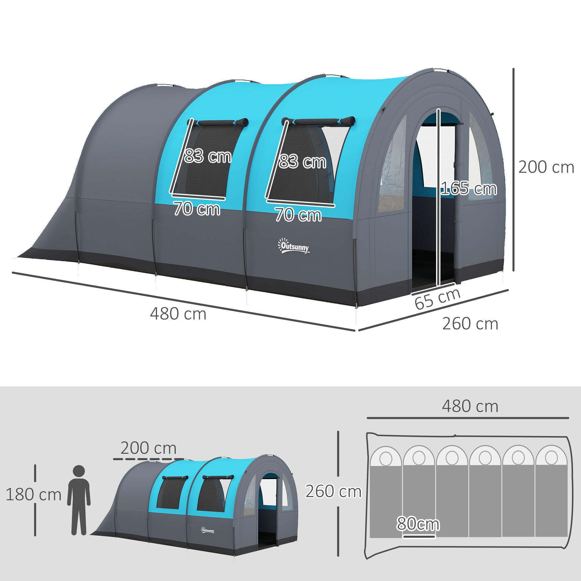 Tienda de Campaña Familiar para 5-6 Personas Tienda de Camping Plegable con 2 Habitaciones Puertas y Bolsa de Transporte Impermeable 3000 mm para Senderismo 480x260x200 cm Gris