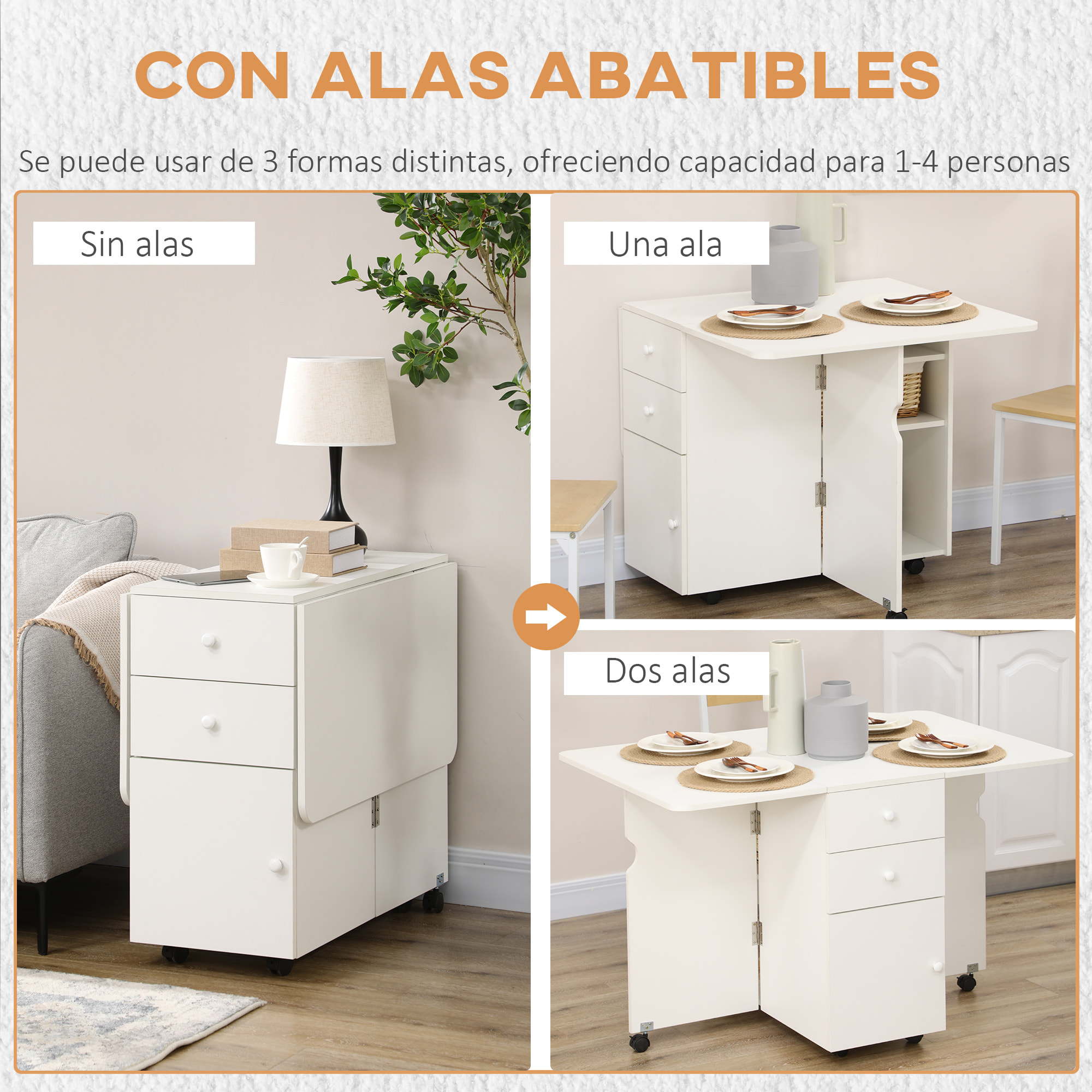 Mesa de Comedor Plegable Mesa de Cocina Extensible Alas Abatibles con 6 Ruedas y 2 Cajones de Almacenamiento de Estilo Moderno 120x80x75 cm Blanco