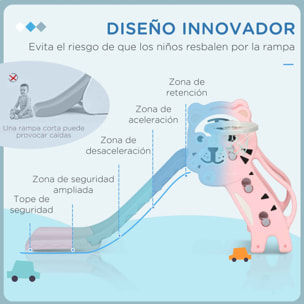 Tobogán Infantil 3 en 1 Tobogán para Niños de 18 a 36 Meses con 2 Escaleras 1 Canasta de Baloncesto y Patrón de Animal para Interior 133x60x70 cm Rosa y Gris