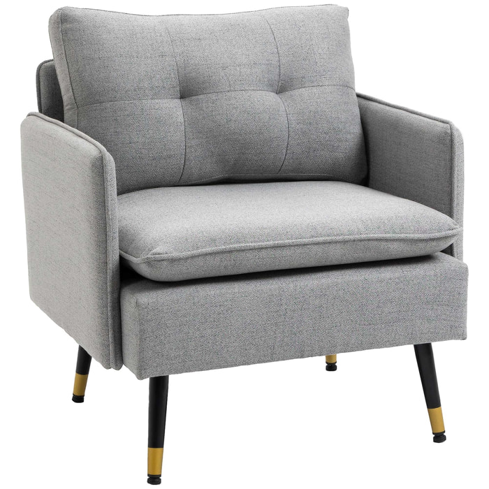 Fauteuil style art-déco dossier effet capitonné piètement incliné effilé métal noir extrémités dorées tissu gris